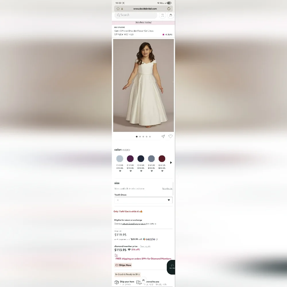 David's Bridal Girl Satin Off Shoulder White Dress W/ Some Light Imperfections - Picture 10 of 11